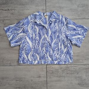 Magaschoni Women's Blue White Floral Button Down Top Blouse Size Medium